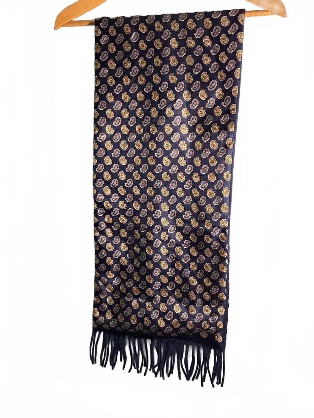 Geoffrey Beene Navy Blue/ Paisley Silk/Wool Reversible Scarf with Fringe